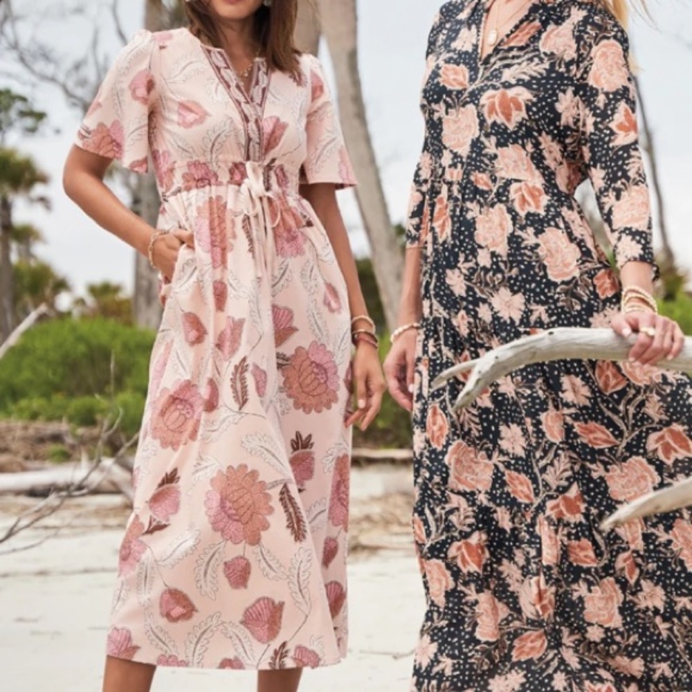 Spartina 449 Womens Midi Dress Size Large Meghan Floral Pastel Cottagecore